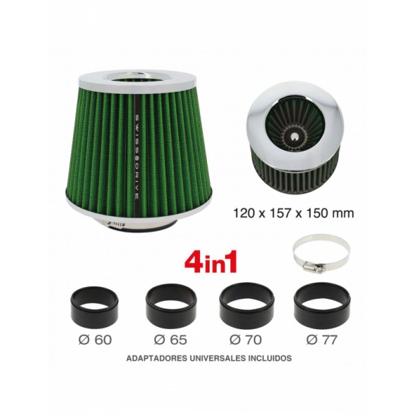 Filtro de Aire Universal para Coche Incluye 4 Adaptadores 60mm 65mm 70mm 77mm Color Verde